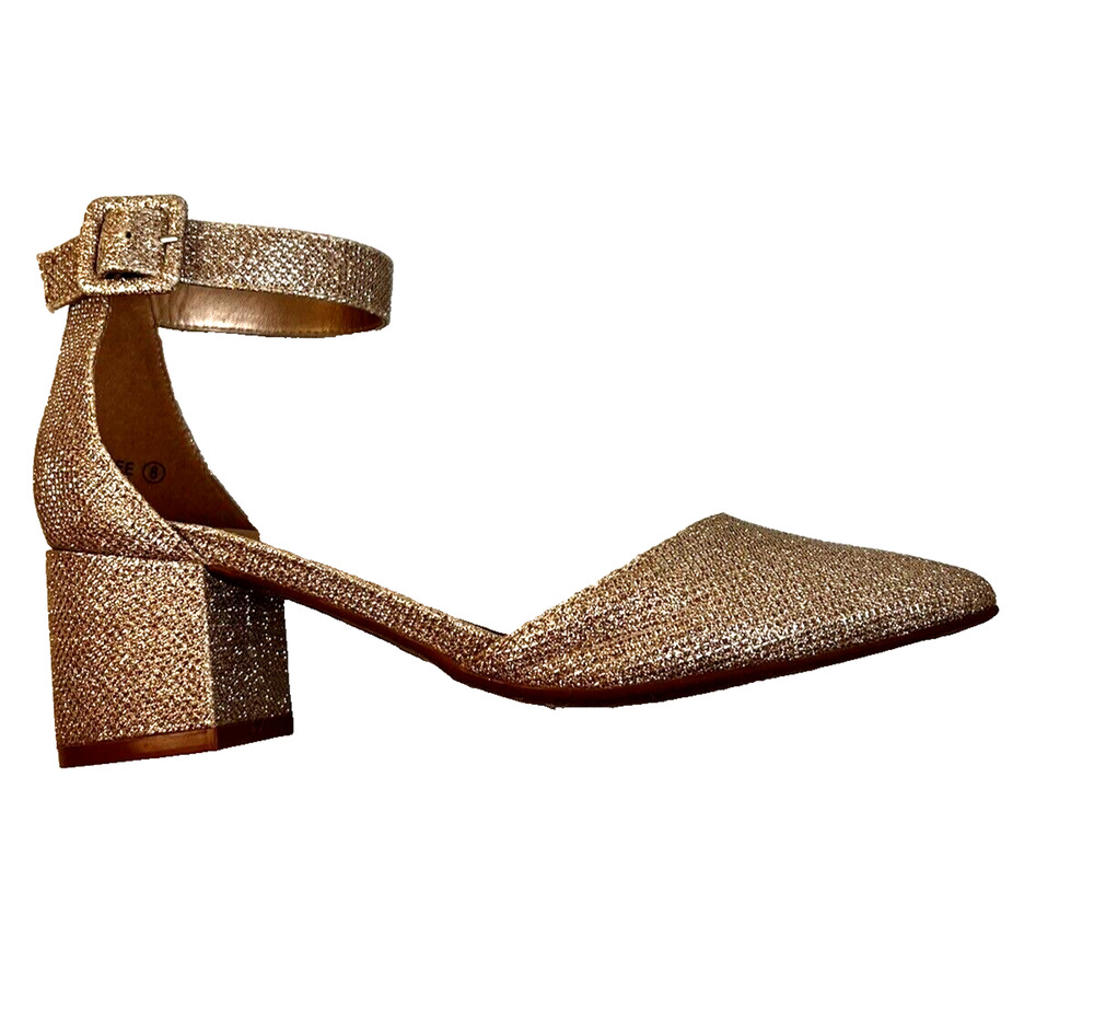 Dream Paris Gold Glitter Shoes Women's 8 Ankle Strap 1.5" Block Heel Party Prom